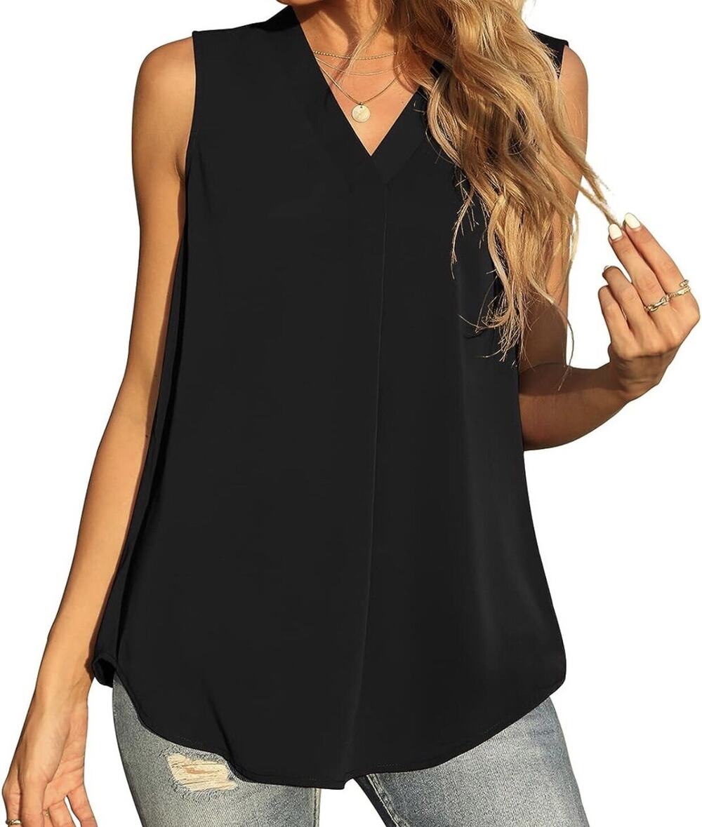QUEZHU Women's Summer Sleeveless Chiffon Tank Tops Blouse Loose Casual V Neck S
